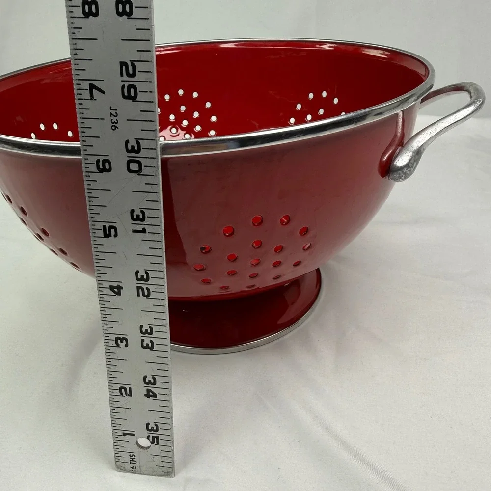 Red Enamel Colander Footed Strainer with Chrome Handles 9.5 Inch Kitchen Decor